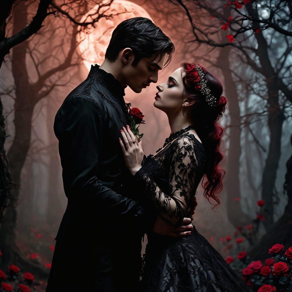 A dramatic gothic couple entwined in an intimate dance beneath a full moon, with intricate lace garments and soft candlelight illuminating their faces. The background features a shadowy forest with twisted trees, adding a mysterious ambiance. Their expressions show a mix of passion and tenderness, surrounded by swirling mist and dark roses. The color palette emphasizes deep reds and blacks to evoke emotion. super-realistic. dark and moody. gothic style.