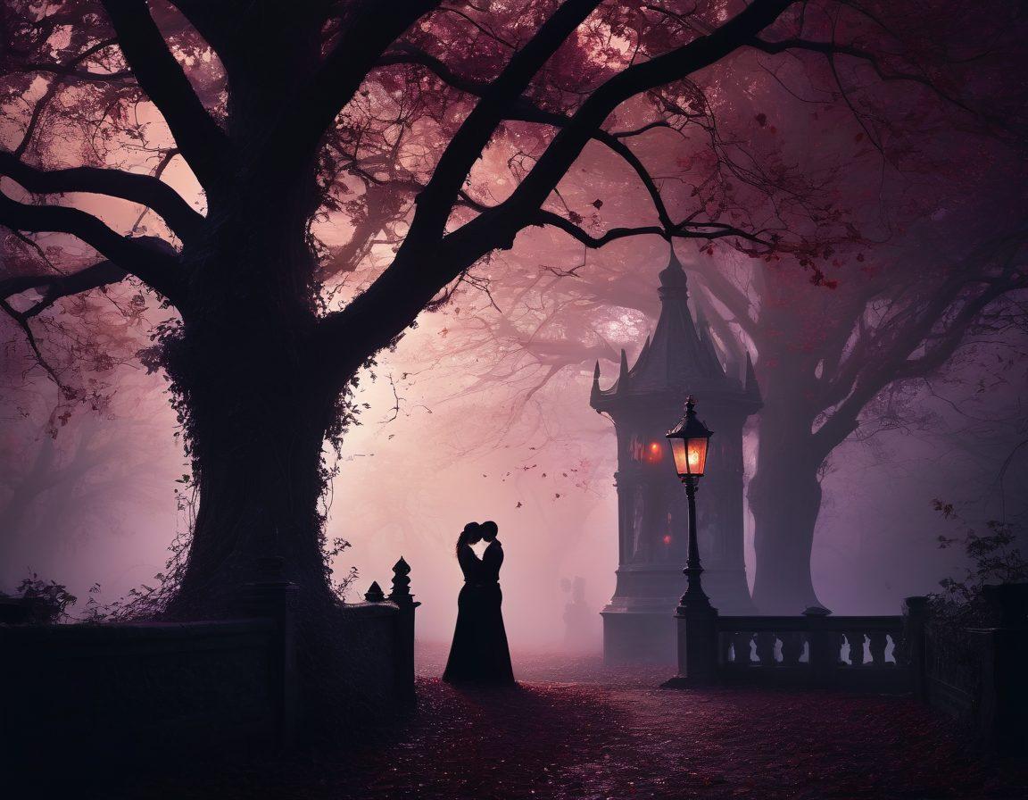 A mysterious couple entwined in a moonlit embrace, surrounded by dark, twisted trees with glistening shadows. Gothic architecture looms in the background, adorned with creeping ivy and dimly lit lanterns. The atmosphere is charged with romance, featuring deep red and purple hues blended with soft silhouettes of bats and roses. Ethereal mist swirls around them, enhancing the allure of the scene. surreal, dark fantasy, rich colors, dramatic lighting.