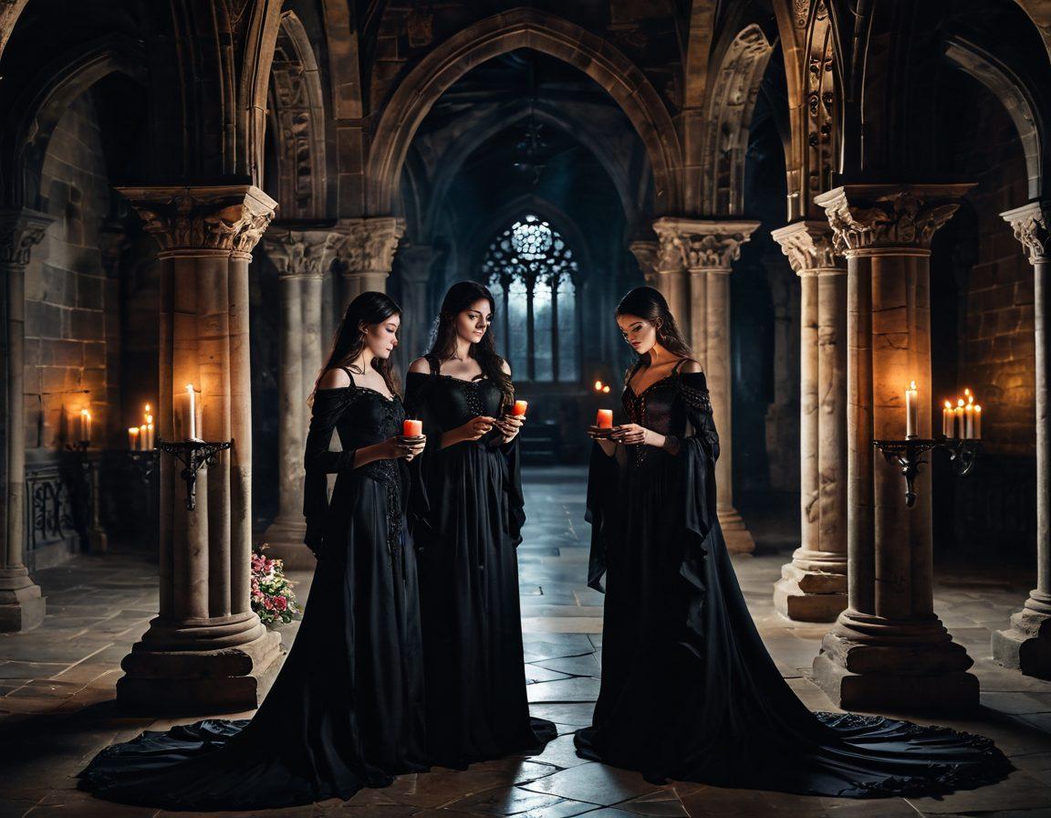 A dark, atmospheric scene depicting two ethereal sisters in a cloistered Gothic setting, surrounded by intricate stone arches and flickering candlelight. Their expressions convey deep emotions of love and unspoken secrets, while shadows dance around them, enhancing the sense of mystery. An ancient tome lies open between them, glowing faintly, symbolizing their shared spiritual bond. Gothic roses entwine at their feet. super-realistic. dark colors. moody atmosphere.